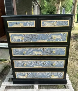 Custom Order Vintage Upcycled Chest Of Drawers Navy Blue Wooden Jungle Wallpaper - Picture 1 of 5