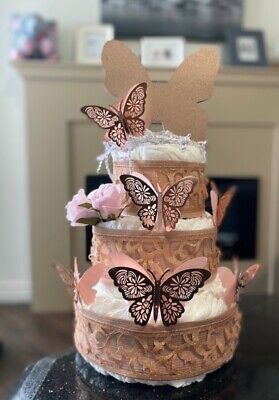 Butterfly Theme Diaper Cake 3 Tier Rose Gold Gift Baby Shower Girl • 65$