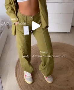 New ZARA Women Green Khaki Seamed Cargo wide leg Pants Waist 32" size XL Y962 - Picture 1 of 15