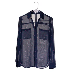 Express Women's Portofino Button Down Shirt Blue Pink Heart Sheer Blouse Top S - Picture 1 of 9