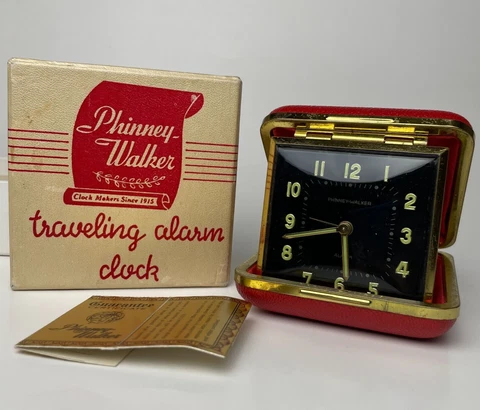 Vintage Phinney-Walker Travel Alarm Clock Radium Face Black Red Germany PW27N Cover