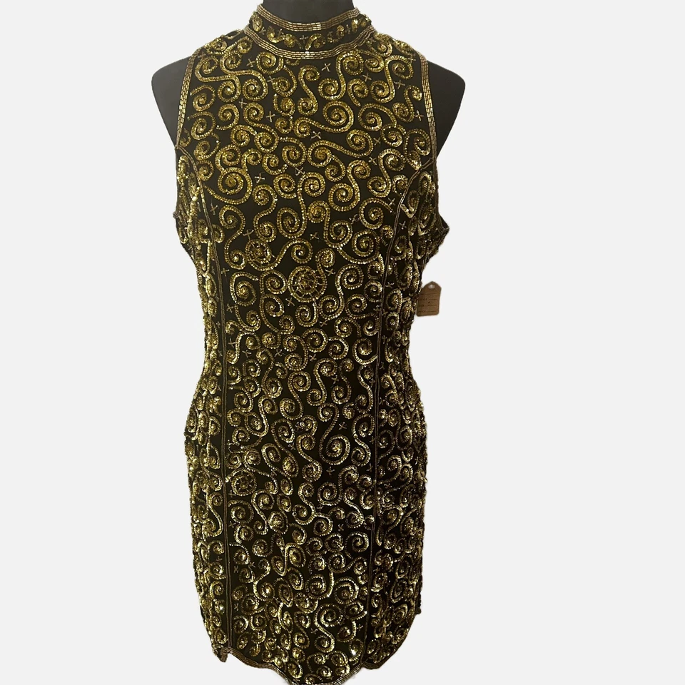 Vestido de cóctel vintage Scala midi seda con cuentas lentejuelas sin mangas 8 dorado negro Foto 1 de 4