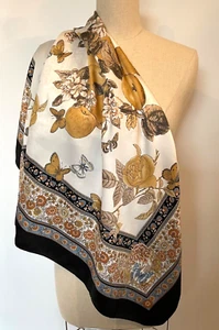 Vintage  Scarf/ Wrap- Gold, Black & Blue Flowers & Butterflies- Made in Italy - Picture 1 of 4