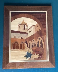 Cuadro arte Sorrento vintage de madera con incrustaciones de patio de marquetería Italia MCM - Imagen 1 de 7