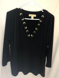 MK Michael Kors black stretch Tunic top Gold metal logo accents sz L - Picture 1 of 5
