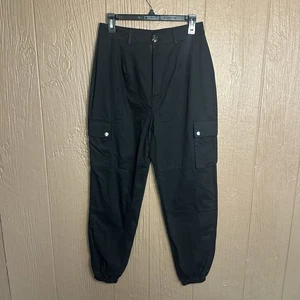 NWT Nasty Gal Pants Womens 6 Black Cargo Jogger 100% Cotton Twill Elastic Hem - Picture 1 of 8