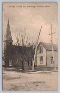 Bluffton OH View Lutheran Church Parsonage Pub Mitchell Drug Store Postcard N5 - Picture 1 of 2