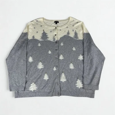 Talbots Holiday Cardigan Plus Petite 2X Shimmer Silver Sparkle Tree Sweater Cozy - Image 1 of 4