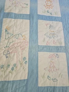 Vintage Baby Quilt Embroidered Fairy Fairies Handmade Blue - Flaws Cutter 46x54 - Picture 1 of 10