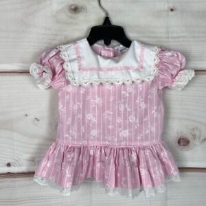Vintage Bryan Floral Print Lace Trim Dress Baby 12M Pink Short Sleeve Collared