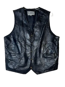 Cellini Black Leather Vest Men Sz XXL Satin Lining Biker Snap Closure - Picture 1 of 11
