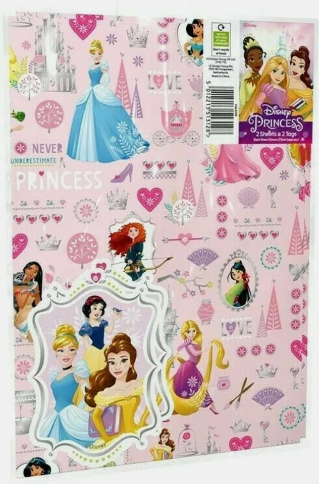 DISNEY PRINCESS GIFT WRAPPING PAPER - 2 SHEETS & 2 TAGS  - Image 1 of 1