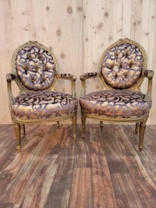 Antique French Louis XV Style Ornate Carved Fauteuil Armchairs Newly Upholstered - Picture 1 of 10