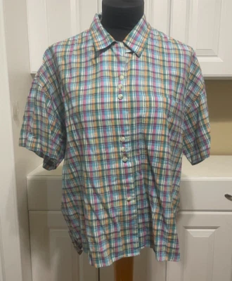 IZOD Womens VTG 100% Cotton Plaid Button Up Short Sleeve Blouse Top Large - Image 1 of 4