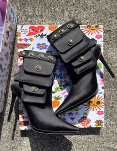 Jeffrey Campbell Stashed Black Satin Stiletto Heel Pointed Toe Pocket Boots SZ 6 - Picture 1 of 13