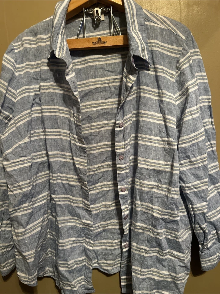 Coldwater Creek 女式纽扣束腰衬衫湖畔亚麻蓝色条纹尺寸 xL — 第 1/2 张图片