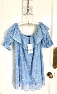 Zara Off The Shoulder Cut-work Embroidered Dress Blue M BNWT RRP £49.95 LAST ONE - Picture 1 of 12