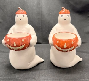 Yankee Candle Ghost w/ Treat Bowl 6.5" Tall Halloween Tealight Holder Pair 2 - Picture 1 of 7
