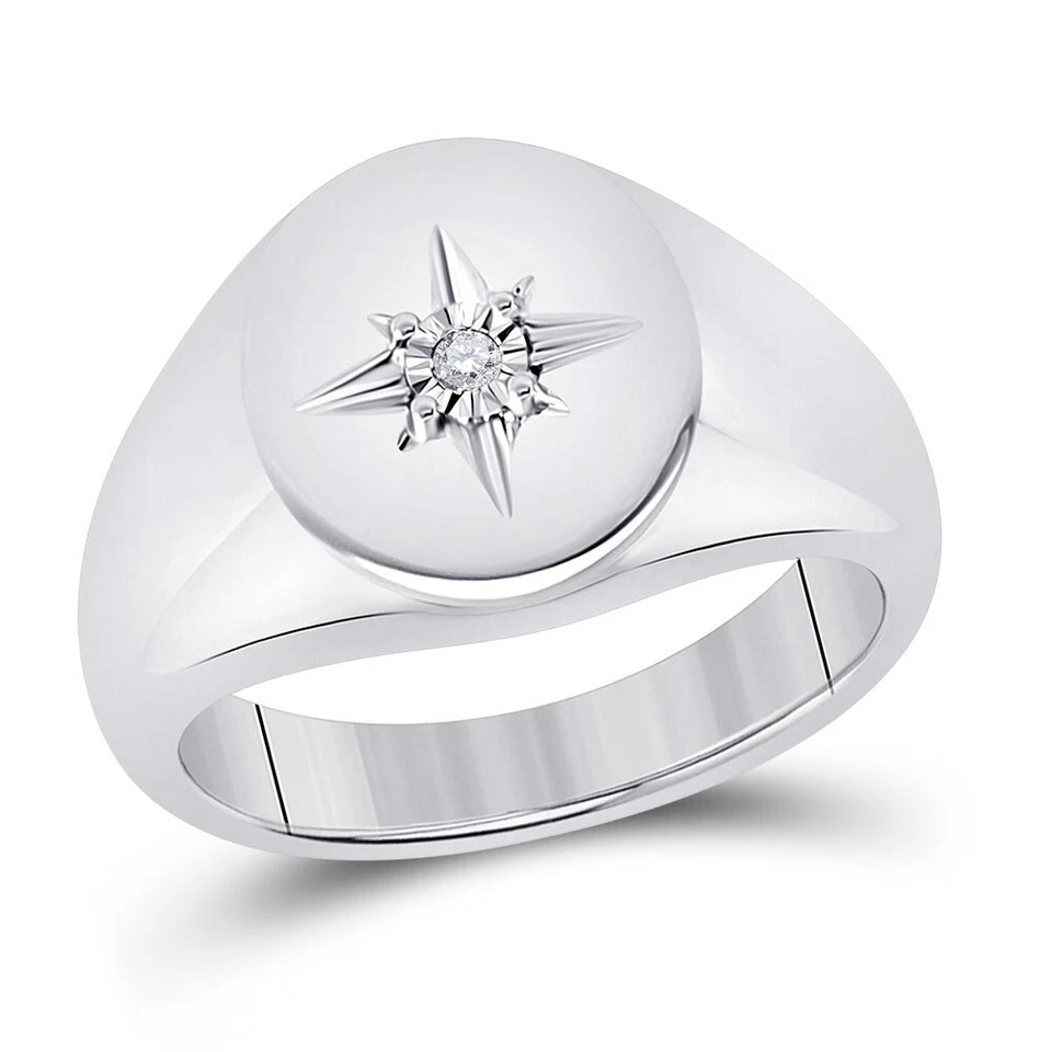 Diamond Starburst Signet Ring 925 Sterling Silver Mens Pinky Statement Jewelry - Image 1 of 1