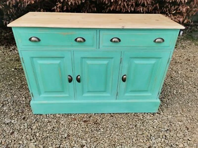 LIGHTLY DISTRESSED SOLID PINE RUSTIC SIDEBOARD IN  ARSENIC GREEN FARROW & BALL  - Image 1 of 4