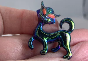 Cat Hematite Luster Black Orange Coral Eyes Vintage Brooch Pin M-2471* - Picture 1 of 3