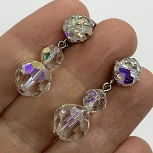 VTG RAINBOW CUT CRYSTAL FACETED AB GLASS BEAD SILVER DANGLE CLIP EARRINGS - Picture 1 of 8