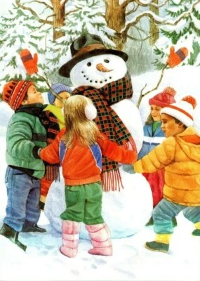 CHILDREN AROUND SNOWMAN Paper Magic Christmas Greeting Card w/ Envelope MG76 - Image 1 of 3