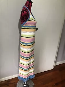 Body-con Dress 14 Midi Pastel Crotchet Knit Stripe Halter Neck Festival Boho NEW - Picture 1 of 12
