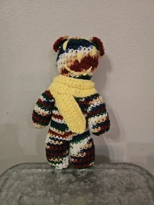 Handmade Multicolor Crochet Teddy Bear with Yellow Scarf - Picture 1 of 2