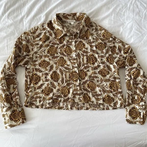 Nicole Miller NY Linen Blend 70s Shirt Floral Long Sleeve Collared Top Size S - Picture 1 of 8