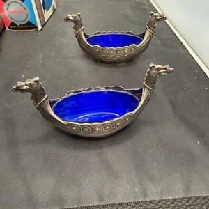 2er Set Prima NY Silber EPB Wikingerschiff Salz Dips Made in Sweden blau Emaille - Bild 1 von 6