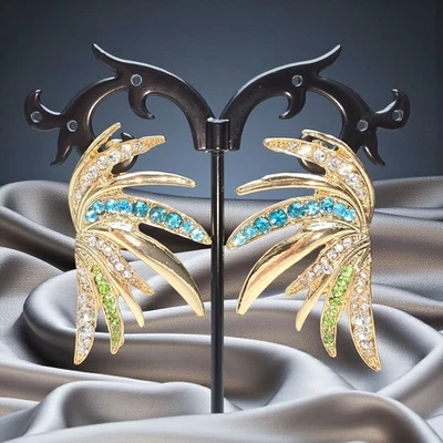 Luxus Damen Strass Ohrringe Vergoldet Türkis Grün Samba Ohrstecker Fasching #81 - Bild 1 von 4