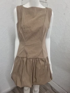 BNWT PrettyLittleThing Taupe Stretch Woven Puffball Dress Size 14 - Picture 1 of 7
