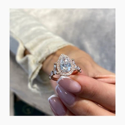 Diamond Ring IGI Certified Pear Halo VS1 F 2.65 Carat Lab Created 18K Pink Gold - Image 1 of 4