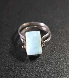 Anillo reversible vintage de plata de ley de mediados de siglo de larimar y concha - Imagen 1 de 4