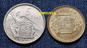 FRANCO. Lote 2 monedas 1 y 5 Pesetas del año 1970. PERFECTAS BRILLO ORIGINAL. - Picture 1 of 3