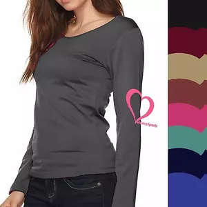 Women Soft Round Neck Long Sleeve Shirt Top Stretch Slim Fit Solid Tee Shirt - Picture 1 of 11