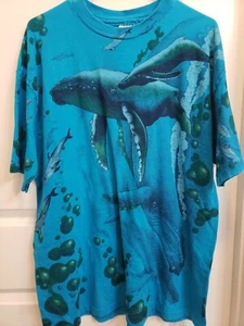 Vintage Whale Dolphin Nature T-Shirt All Over AOP Print Hanes Beefy Tee - Picture 1 of 4