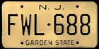 NEW JERSEY c.1962 License Plate #FWL-688 Aluminum? - TAN background GARDEN STATE