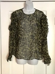 H & M Women’s Tops Size 14 Ruffle Long Sleeves Sheer Leopard Print - Picture 1 of 7