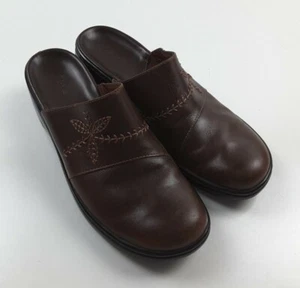 Clarks Leather Embroidered Slides Mules Comfort Shoes Brown Size 9.5 M - Picture 1 of 5
