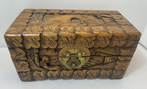 Large Antique Chinese Hand Carved Camphor Wood Chest 8 By 4 By 4 Inches Cover