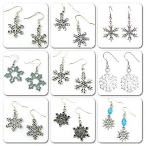 Snowflake Drop Hook Earrings In Black Silver & Blue Colours Christmas Gift - Picture 1 of 10