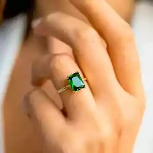 2.25Ct Green Emerald Lab Created Diamond 14K Yellow Gold Finish Engagement Ring - Picture 1 of 8