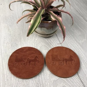 NWT Leather Coaster Set Of Two Embossed Horse And Buggy Cork Backing - Picture 1 of 7