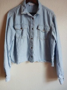 Lotus & Lavender Women's Jacket Striped Blue Raw Ends Distress Size L - Picture 1 of 6