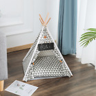 Folding Pets Teepee Tent Puppy Playhouse Natural Flax Canvas Cushion Pet Cat Bed