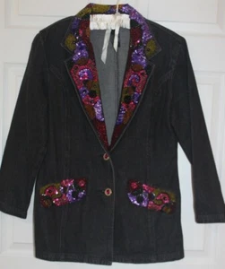 vtg 90s I B Diffusion jean blazer size 6 black denim BEADED lapel pocket EC - Picture 1 of 6