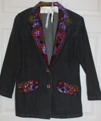 vtg 90s I B Diffusion jean blazer size 6 black denim BEADED lapel pocket EC - Image 1 of 4