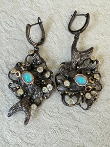Fire Opal 925SS Black Rhodium Plated Silver Gold Fish Unique earrings - Picture 1 of 4